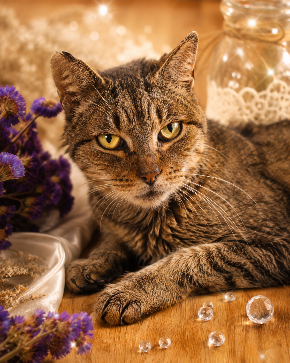 A cat among purple flowers