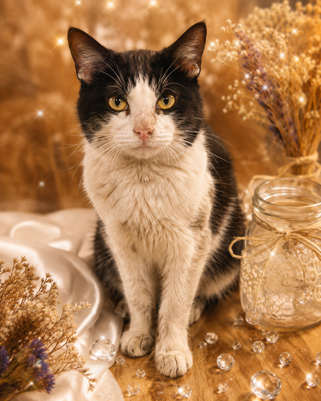 Cat among string lights and jars